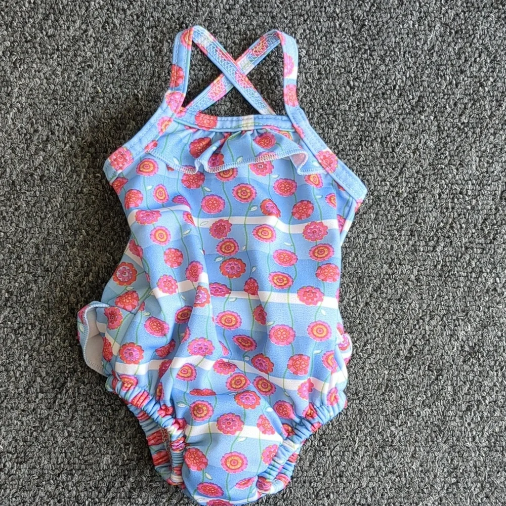 6M Striped Floral I Play One Piece Baby Swimsuit With Built-In Swim Diaper